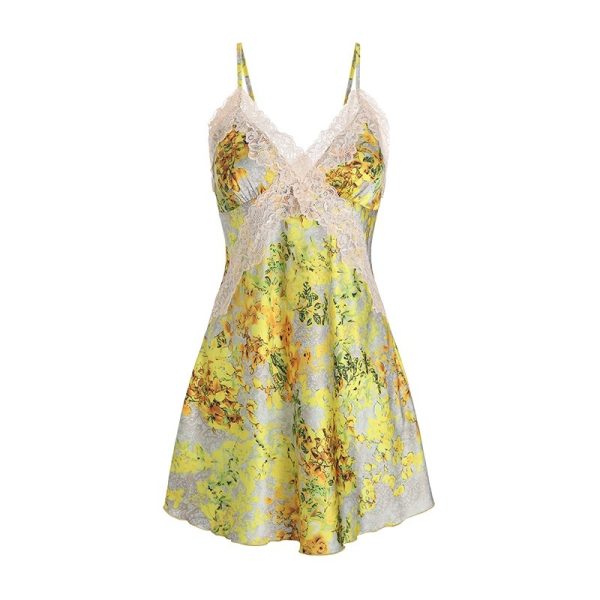 Yellow Floral Satin Cross Lace Waist Slimming Nightdress - Image 5