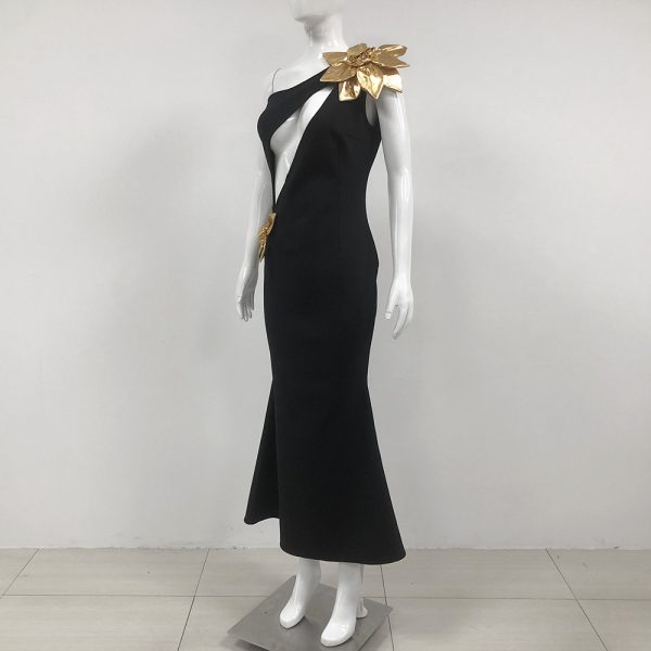 Slim-fit Bandage Golden Flower Maxi Dress - Image 3