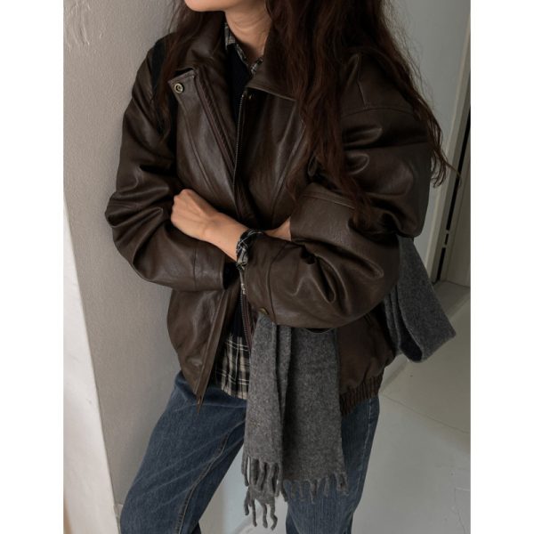 South Korea Chic Early Autumn Retro Handsome Motorcycle Leather Coat - Image 7