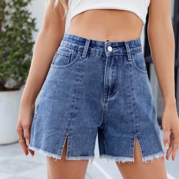 Women's Washed Denim Shorts Frayed Hem Split Hot Pants - Image 7
