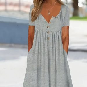 Plus Size Chic Ruched Dress With Flattering Button Front