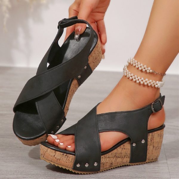 Women's Rivet Wedges Snadals Thick Bottom Fish Mouth Shoes Summer - Image 2