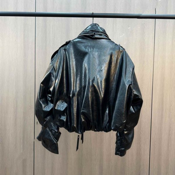 Cuffed Zipper Collar Button PU Leather Jacket Cotton Padded Jacket - Image 4
