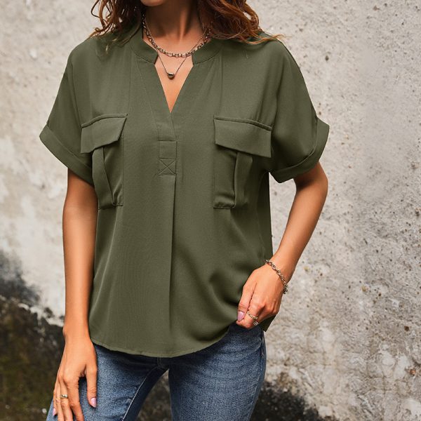Women's European And American Solid Color And V-neck Pocket Elegant Shirt - Image 3