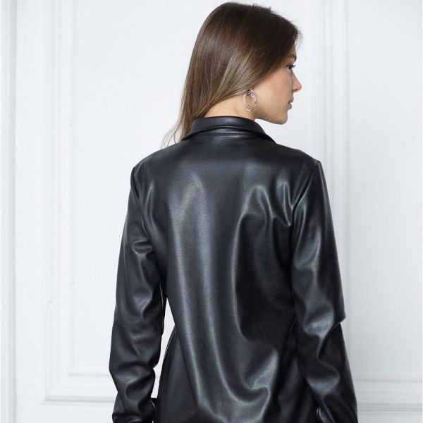 Women's Street Fashion Black PU Leather Urban Casual Shirt - Image 8
