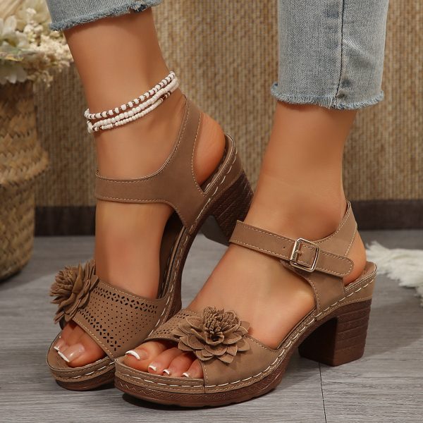 Women's Flowers Chunky Heel Sandals Summer Plus Size Platform Shoes - Image 8