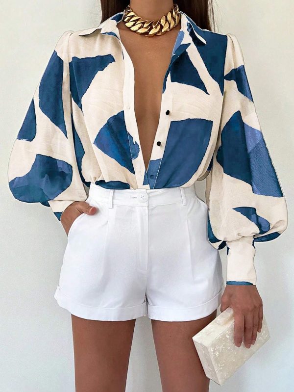 Women's Long Sleeve Allover Print Blouse With Shirt Collar, Casual Everyday - Image 3