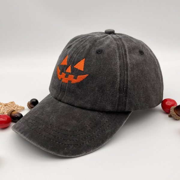 Washed Cotton Men's And Women's Casual Halloween Embroidery Pumpkin Smiley Baseball Cap - Image 3