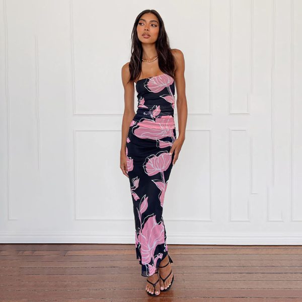 Pleated Mesh Floral Print Tube Top Dress Sleeveless Women's Clothing - Image 7
