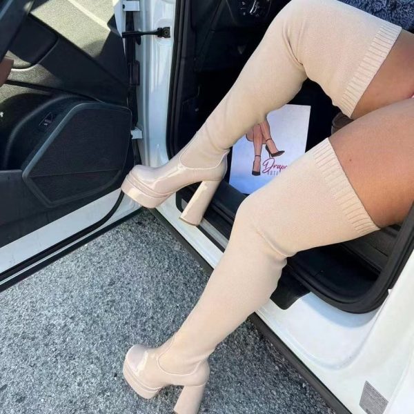 Wool Autumn And Winter New Round Head Chunky Heel Over The Knee Boots Women - Image 2