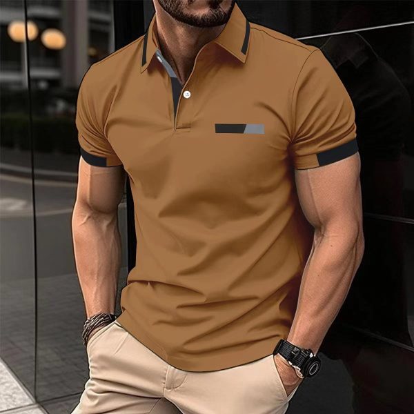 Men's Casual Polo Shirt Chest Faux Pocket Lapel Button Business T-shirt - Image 10