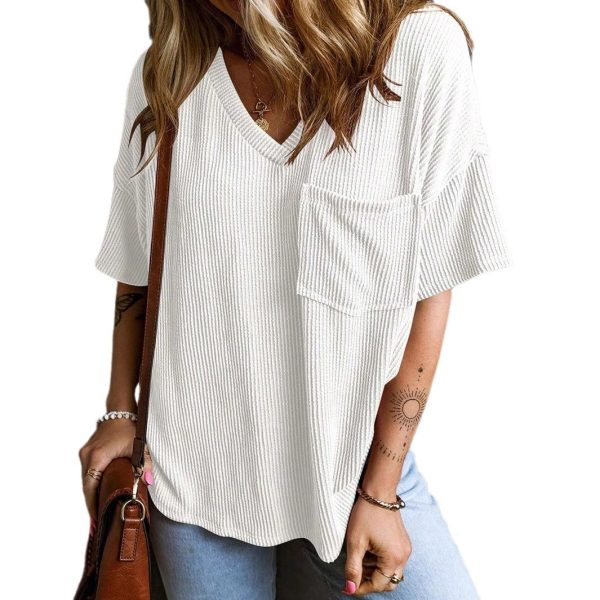 Fashionable Two-tone Pullover Short Sleeve V-neck Top For Women - Image 5