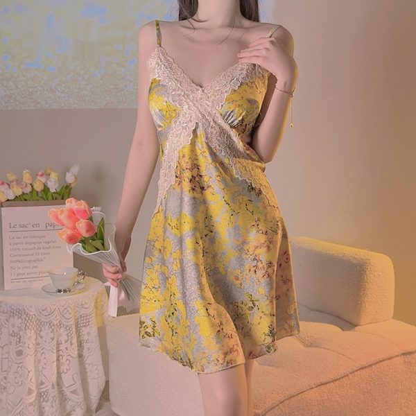 Yellow Floral Satin Cross Lace Waist Slimming Nightdress - Image 4