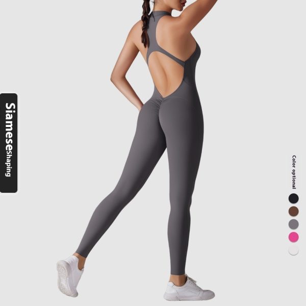 Solid Color Nude Feel High Strength Tight Sports Back Shaping Long Jumpsuit - Image 9
