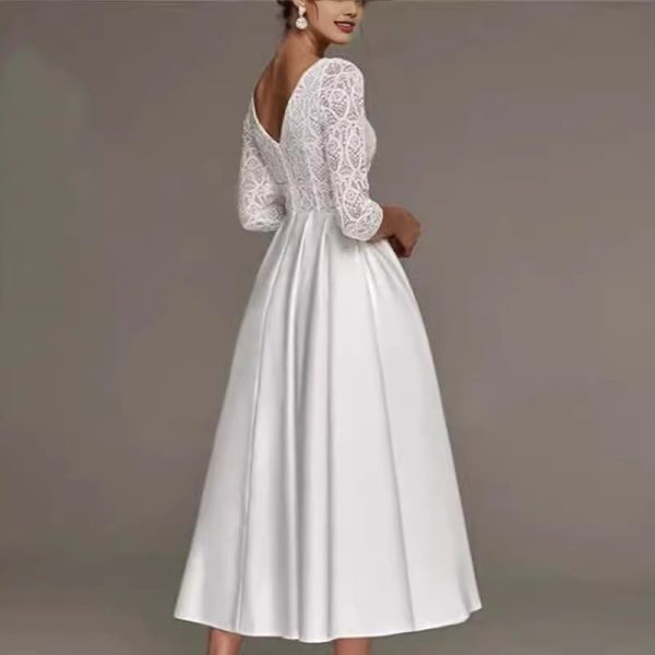 Bridal Deep V-neck Slim Lace Mid-length Long Sleeve Wedding Dress - Image 2