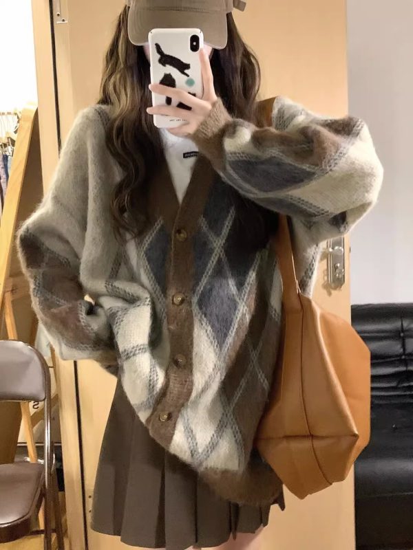 Diamond Plaid V-neck Knitted Cardigan Coat For Women - Image 6