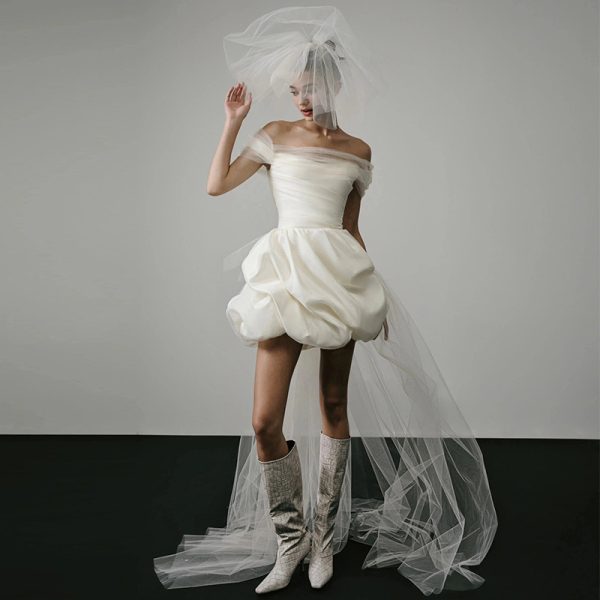 Off-shoulder Light Wedding Dress White Short - Image 2