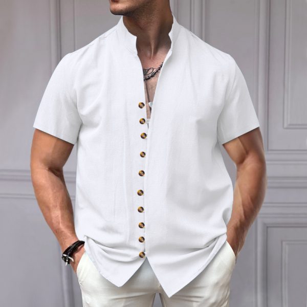 Linen Button Stand Collar Short Sleeve Shirt - Image 7