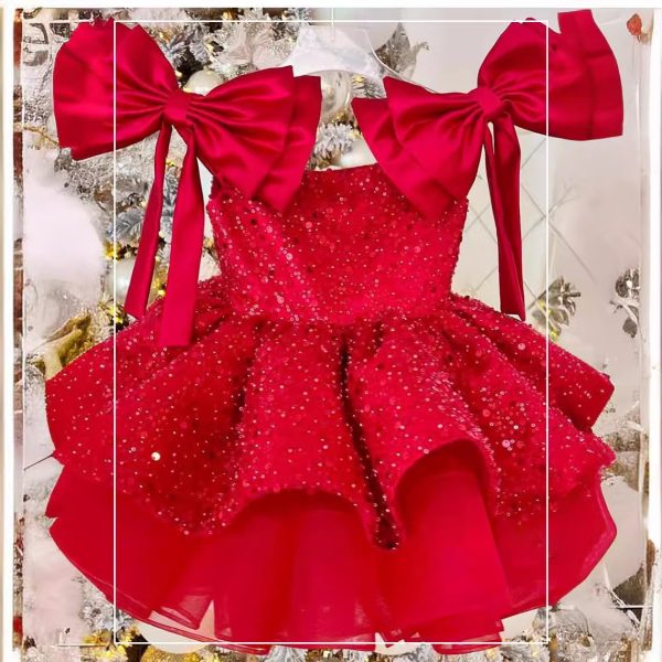 Girl's Princess Dress Red Tulle Tutu Skirt Sequined Bow - Image 4