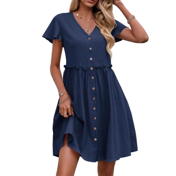 Button Butterfly Sleeve Cotton Linen With Pocket Beach Dress - Image 4