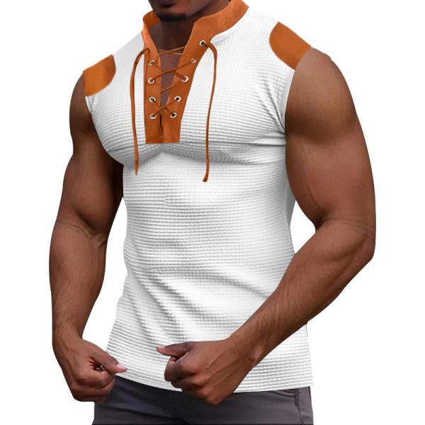 Casual Multicolor Lace-up V-neck Sleeveless T-shirt - Image 3