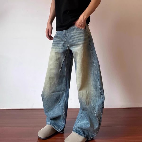 Retro Design Deconstructed Pleated Washed Blue Jeans - Image 3