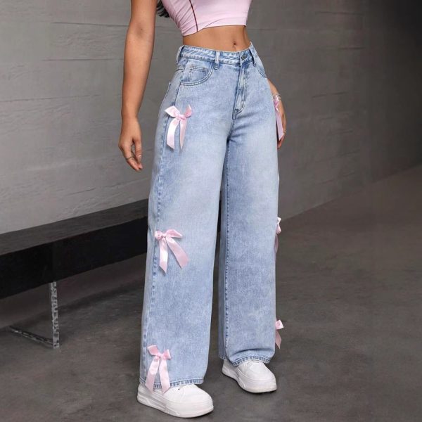 Bowknot Collage Washed Jeans Loose Straight-leg Wide-leg Pants - Image 3