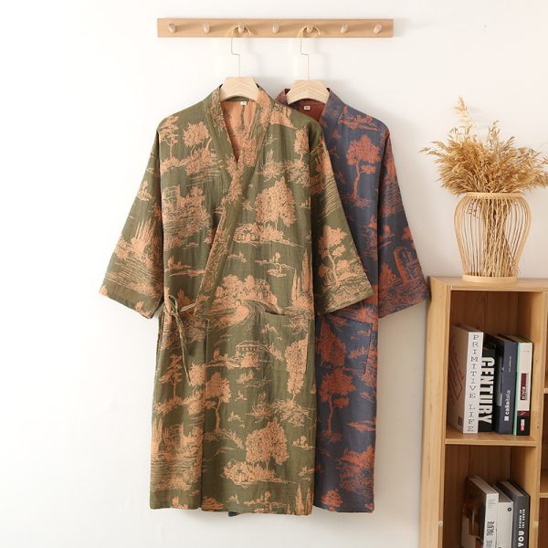 Men's Cotton Gauze Kimono Long Dress Bathrobe - Image 8