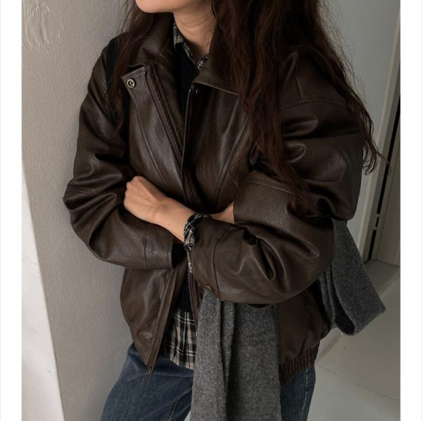 South Korea Chic Early Autumn Retro Handsome Motorcycle Leather Coat - Image 2