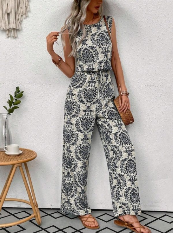 Printed Waist Cinching Casual Straight Leg Pants Set - Image 6