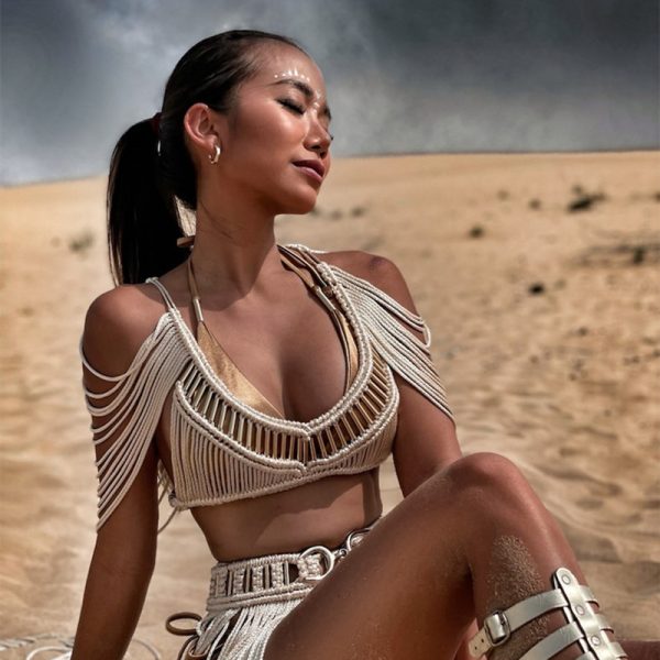 Women's Hand-woven Tassel Dress Creative Beach Travel Sexy Split Chest Wrap - Image 2