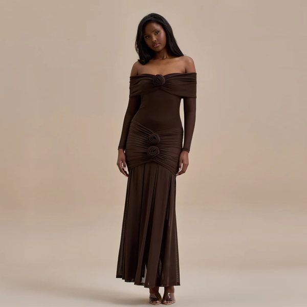 Fashion Off-shoulder Pleated Dress Flower Dress - Image 7