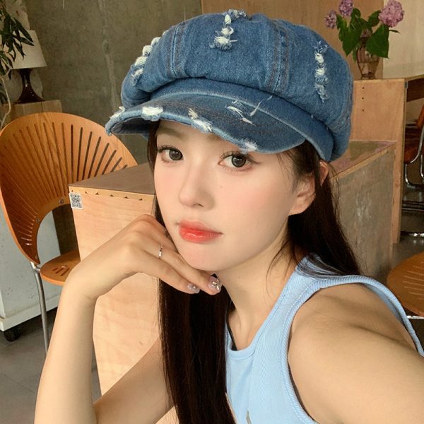 Retro Make Old Ripped Denim Beret Women - Image 3