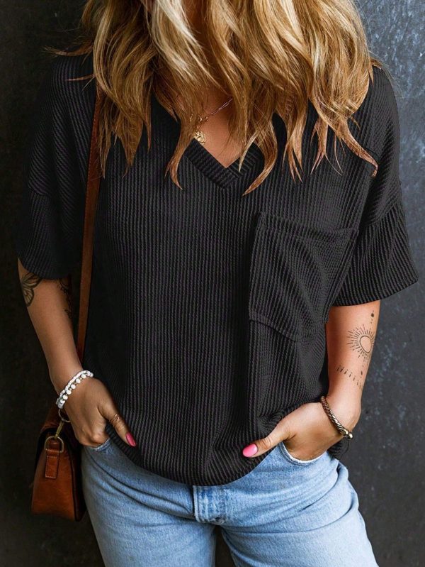 Fashionable Two-tone Pullover Short Sleeve V-neck Top For Women - Image 7