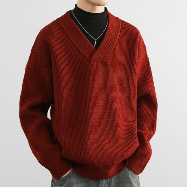 New V-neck Fashion Men's Solid Color Coarse Yarn Knitted Sweater - Image 7