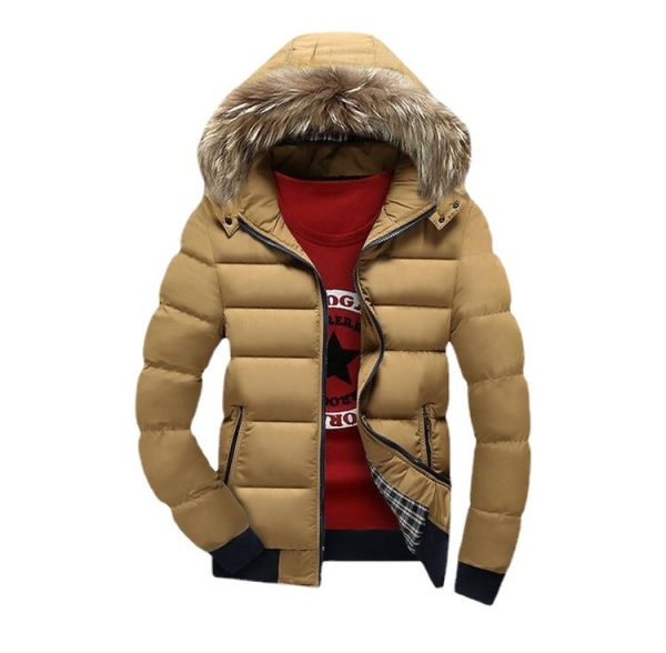 Men's Hooded Fur Collar Warm Cotton Coat - Image 6