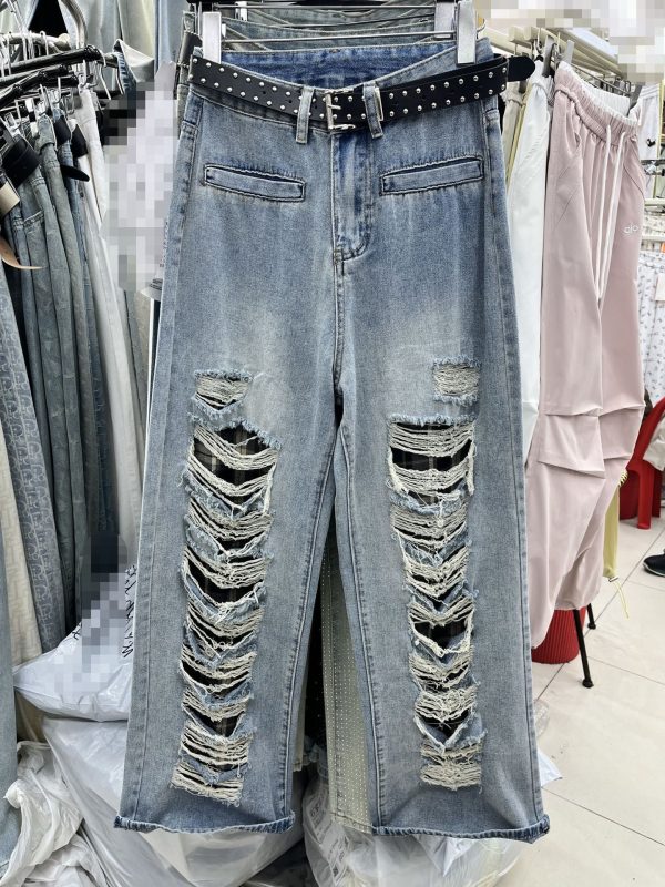 Blue With Holes Design Straight Jeans - Image 6