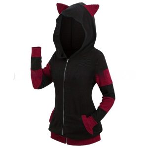 Women's Thickened Cat Ear Zipper Color Stitching Hoodie