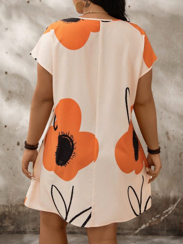 Plus Size Floral Print Notch Neck Batwing Sleeve Summer Dress - Image 5