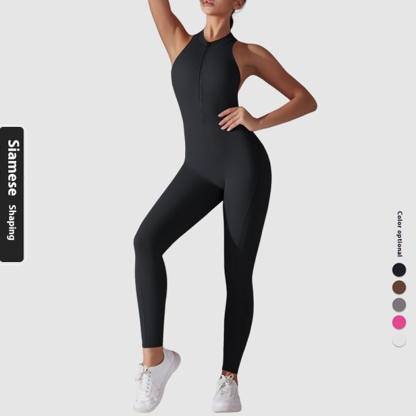 Solid Color Nude Feel High Strength Tight Sports Back Shaping Long Jumpsuit - Image 4