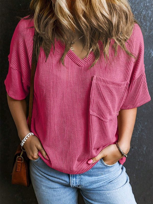 Fashionable Two-tone Pullover Short Sleeve V-neck Top For Women - Image 10