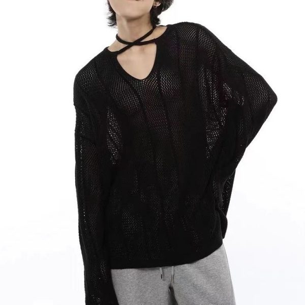 Elastic Hollow-out Micro-transparent Long-sleeved Loose Sweater - Image 5