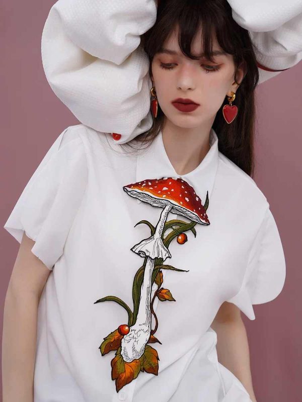 Knotless Machine Embroidery Vintage Mushroom Berry Tie For Women - Image 3