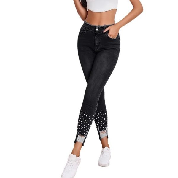 Women's High Waist Stretch Denim Trousers Pearl Ripped Tassel - Image 5