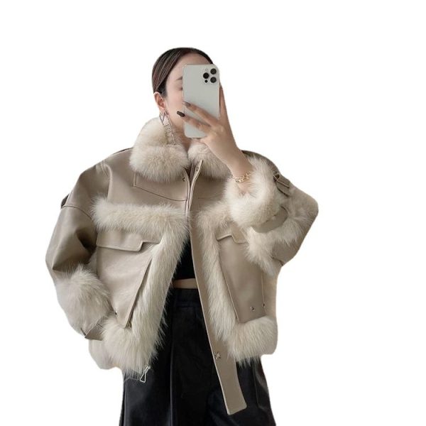 Sense Fox Fur Stitching Leather Coat - Image 5