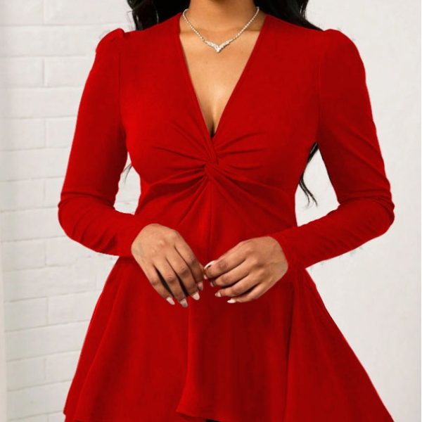 Women's Solid Color V-neck Cinched Waist Slimming Neckline Knot Design Wide And Relaxed Top - Image 3