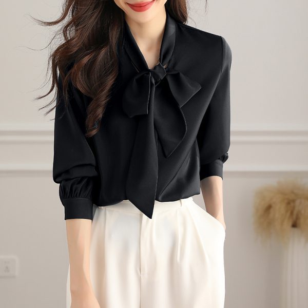 Acetate Satin Bow Shirt Women's Long Sleeve - Image 6