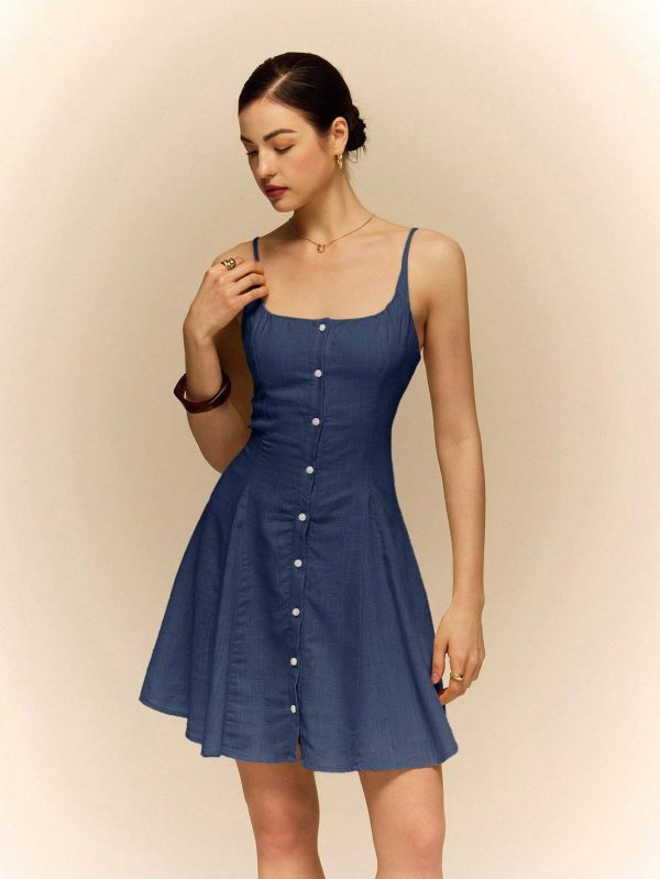 Linen Dress Halter Front Center Button Decoration Comfortable - Image 4