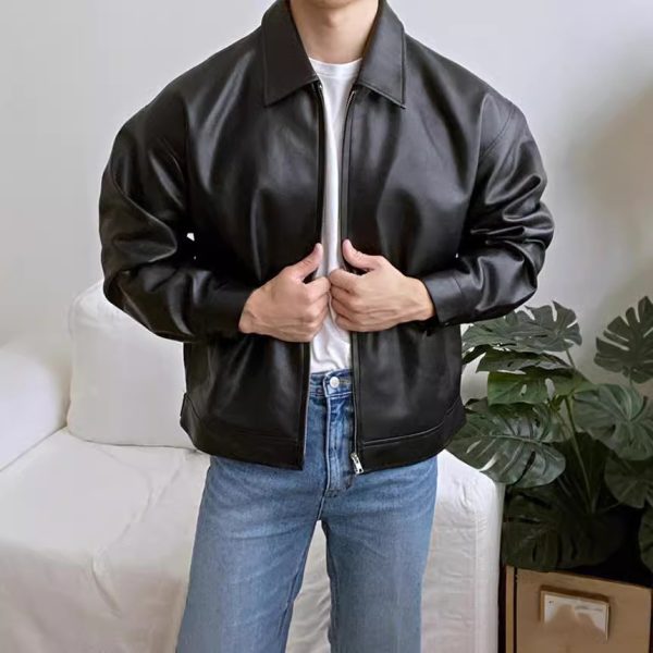 Leather Casual Baseball Uniform Motorcycle Jacket - Image 2