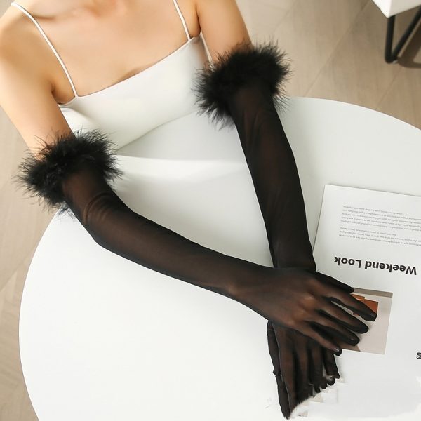Sexy Black Silk Gloves 55CM Super Long Stretch Black Feather - Image 2